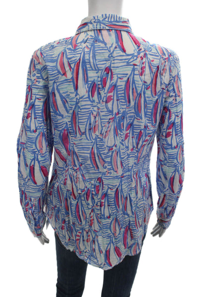 Lilly Pulitzer Women Blue Graphic Collared Button-Up Cotton Long Sleeve Size 10