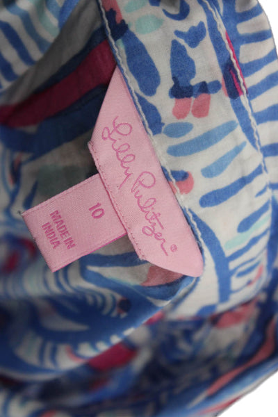 Lilly Pulitzer Women Blue Graphic Collared Button-Up Cotton Long Sleeve Size 10