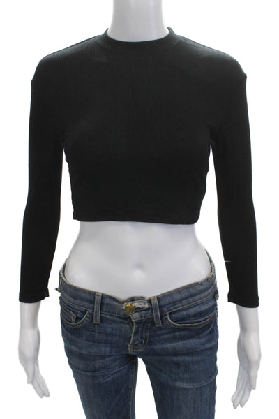 Olivaceous Women Cropped Mock Neck Long Sleeve Top Black Button Modal Size L