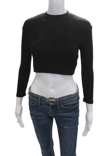 Olivaceous Women Cropped Mock Neck Long Sleeve Top Black Button Modal Size L