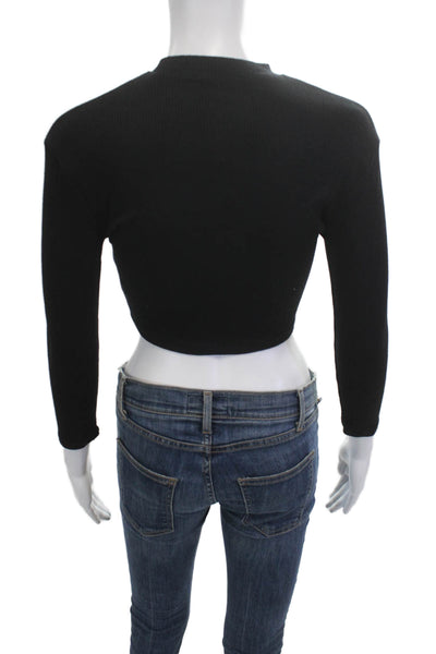 Olivaceous Women Cropped Mock Neck Long Sleeve Top Black Button Modal Size L