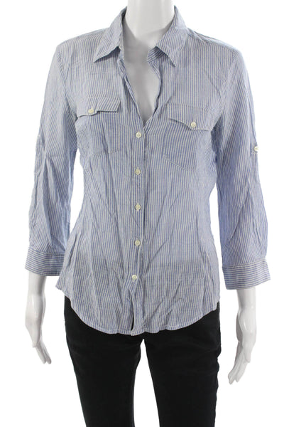 Sandra Ingrish Womens Blue Striped Cotton Collared 3/4 Sleeve Button-Up Size XS