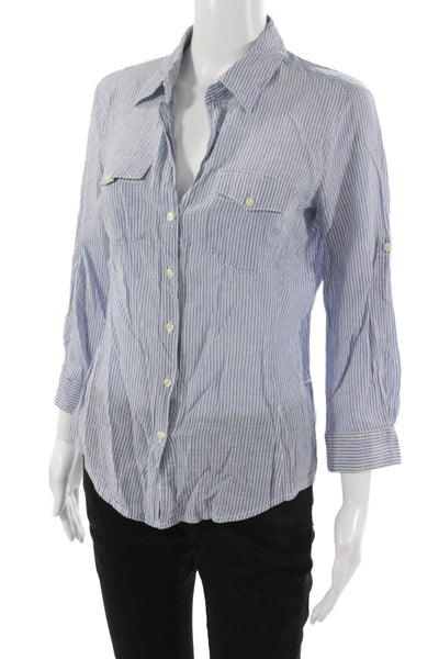 Sandra Ingrish Womens Blue Striped Cotton Collared 3/4 Sleeve Button-Up Size XS
