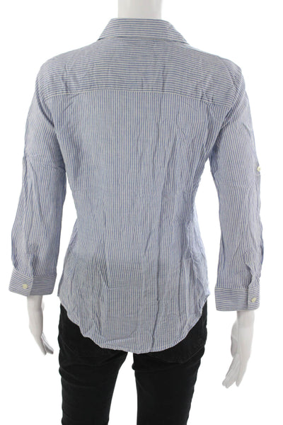 Sandra Ingrish Womens Blue Striped Cotton Collared 3/4 Sleeve Button-Up Size XS