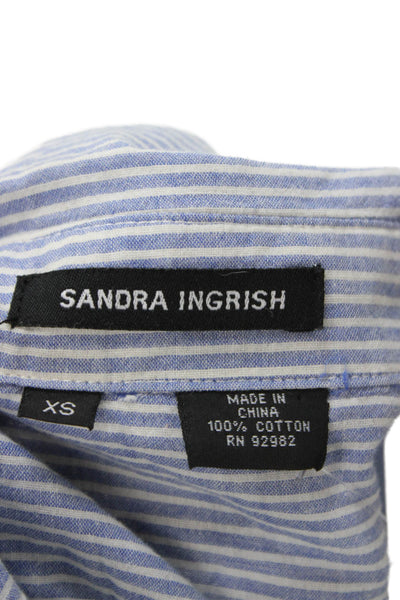 Sandra Ingrish Womens Blue Striped Cotton Collared 3/4 Sleeve Button-Up Size XS