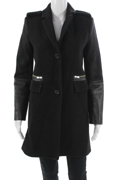 Maje Women Military Coat Black Wool Collared Button Size 36