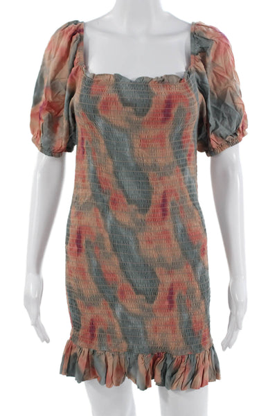 BB Dakota Womens Bodycon Mini Dress Green Camo Square Neck Short Sleeve Size S