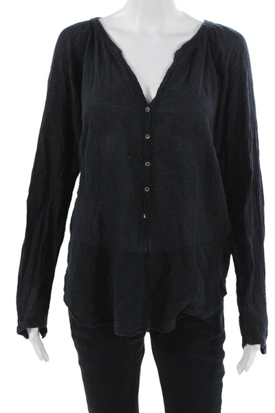 Xirena Womens V-Neck Button-Up Tunic Blouse Black Long Sleeve Cotton Size M