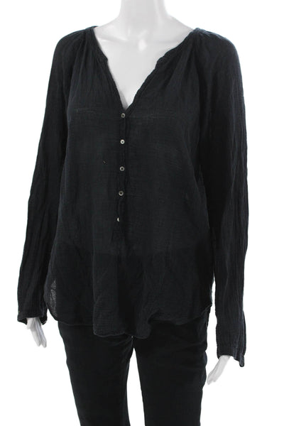 Xirena Womens V-Neck Button-Up Tunic Blouse Black Long Sleeve Cotton Size M