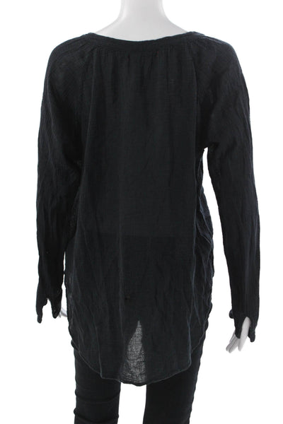 Xirena Womens V-Neck Button-Up Tunic Blouse Black Long Sleeve Cotton Size M