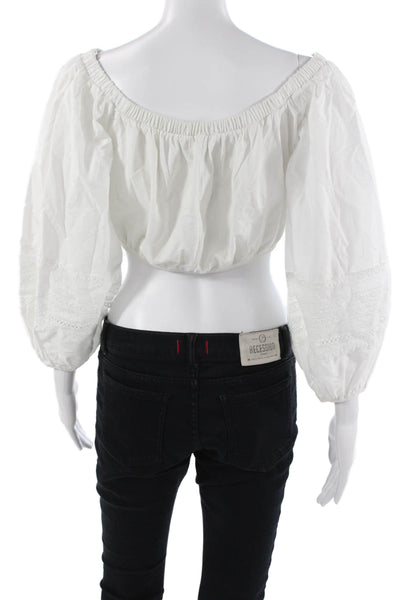 Zara Women Cropped White Cotton Blend 3/4 Sleeve Bohemian Blouse Size M