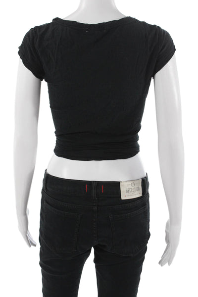 Standard James Perse Womens Cropped Black Cotton Tie Round Neck T-Shirt Size 1