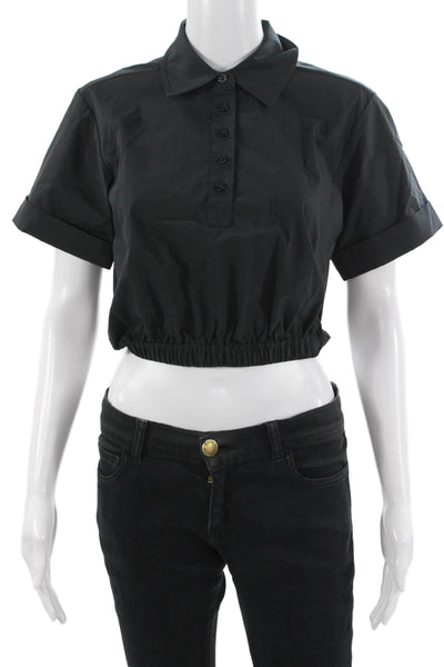 Simkhai Women Cropped Collared Button Up Polo Top Short Sleeve Black Size XS