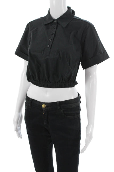 Simkhai Women Cropped Collared Button Up Polo Top Short Sleeve Black Size XS
