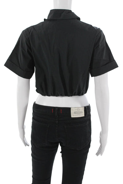 Simkhai Women Cropped Collared Button Up Polo Top Short Sleeve Black Size XS