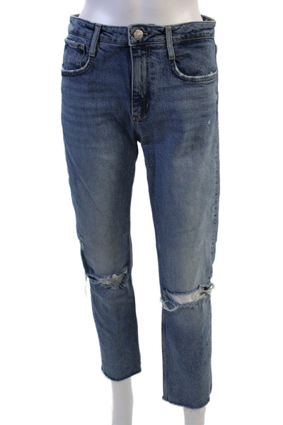 Zara Women Cropped Straight Blue Jeans Cotton Elastane Mid Rise Size 6