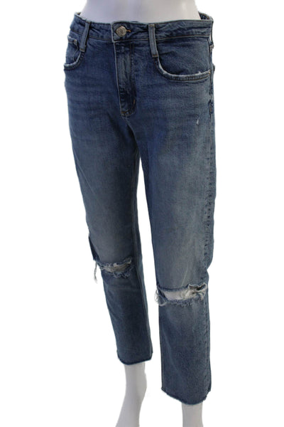 Zara Women Cropped Straight Blue Jeans Cotton Elastane Mid Rise Size 6
