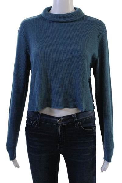 TNA Womens Cropped Mock Neck Long Sleeve Top Blue 60/40 Cotton Poly Size XS