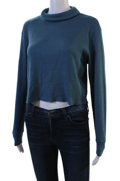 TNA Womens Cropped Mock Neck Long Sleeve Top Blue 60/40 Cotton Poly Size XS
