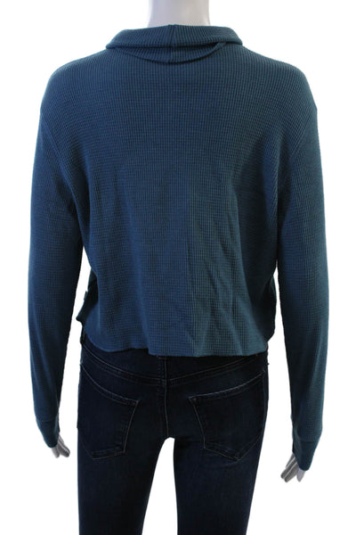 TNA Womens Cropped Mock Neck Long Sleeve Top Blue 60/40 Cotton Poly Size XS