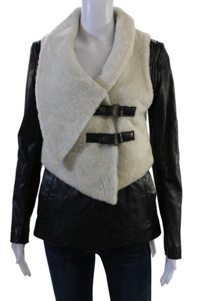 Doma Womens Biker Motorcycle Jacket Black Leather Wool Blend Buckle Size 0