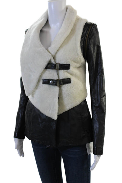 Doma Womens Biker Motorcycle Jacket Black Leather Wool Blend Buckle Size 0