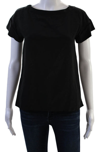 Quail Women Basic Black Silk Blouse Round Neck Short Sleeve Size XS