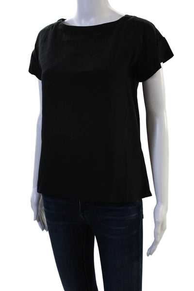 Quail Women Basic Black Silk Blouse Round Neck Short Sleeve Size XS