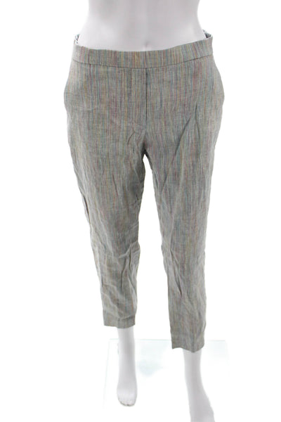 Theory Women Ankle Cropped Striped Gray Linen Blend Pants Size 6