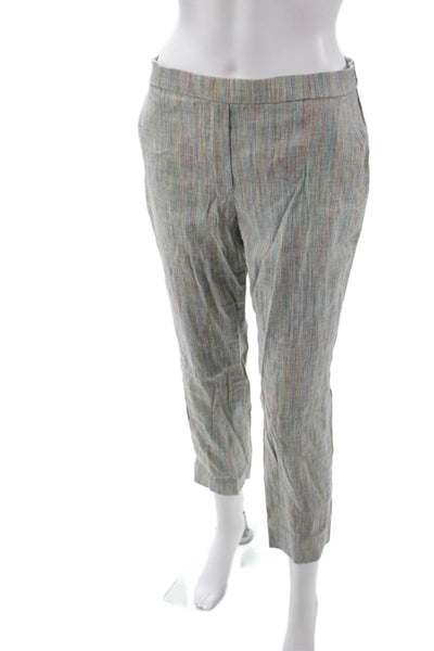Theory Women Ankle Cropped Striped Gray Linen Blend Pants Size 6