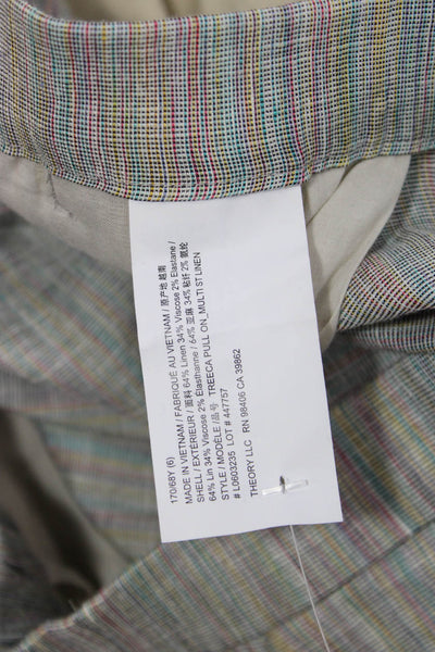 Theory Women Ankle Cropped Striped Gray Linen Blend Pants Size 6