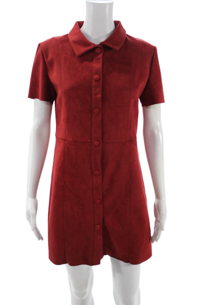 Zara Women Red Collar Short Sleeve Shirt Dress Button Polyester Elastane Size M