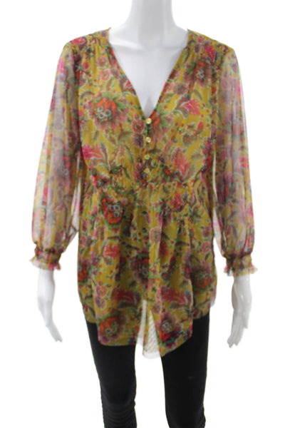 Anthropologie Womens Tunic Blouse Floral Yellow V Neck Long Sleeve Size L
