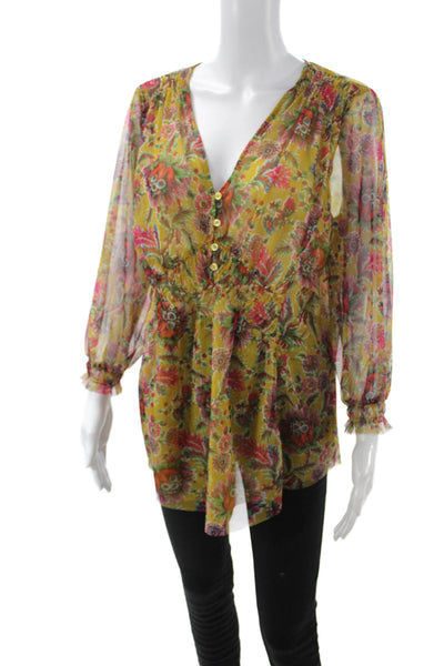 Anthropologie Womens Tunic Blouse Floral Yellow V Neck Long Sleeve Size L
