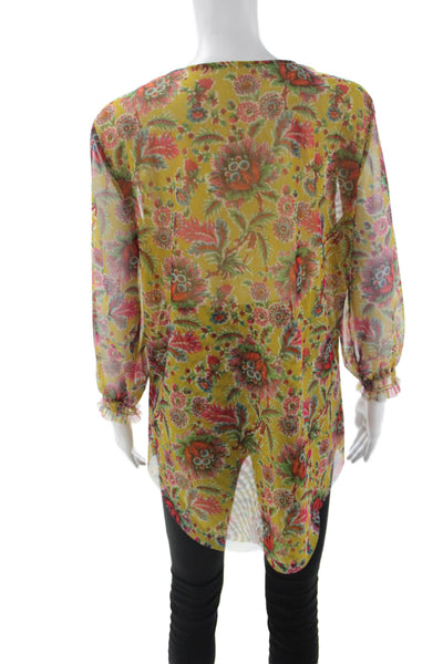 Anthropologie Womens Tunic Blouse Floral Yellow V Neck Long Sleeve Size L