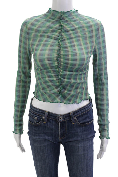 Find Me Now Womens Cropped Mock Neck Plaid Long Sleeve Top 90% Nylon Size L