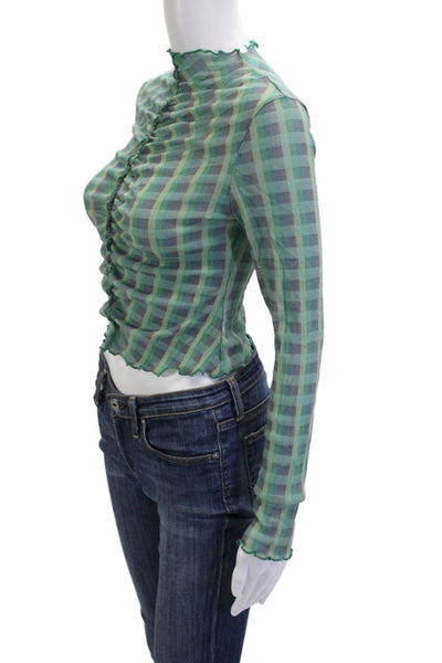 Find Me Now Womens Cropped Mock Neck Plaid Long Sleeve Top 90% Nylon Size L