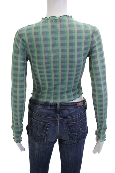 Find Me Now Womens Cropped Mock Neck Plaid Long Sleeve Top 90% Nylon Size L