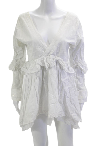 Allina Liu Women Wrap Dress White V-Neck Long Sleeve Cotton Short Size S
