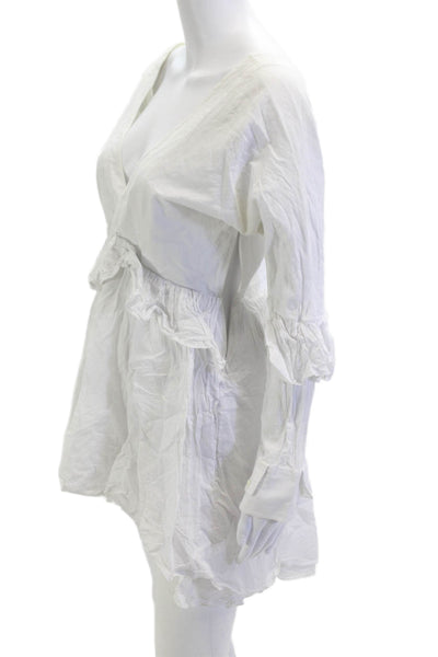 Allina Liu Women Wrap Dress White V-Neck Long Sleeve Cotton Short Size S