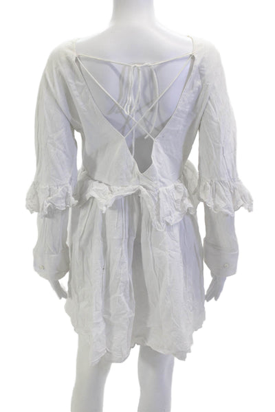 Allina Liu Women Wrap Dress White V-Neck Long Sleeve Cotton Short Size S