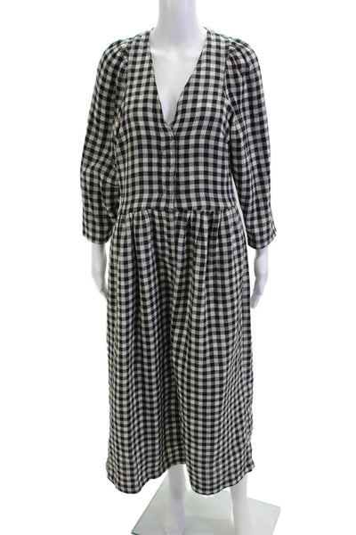 L.F.Markey Womens Black Check Shirt Dress V Neck Button Long Sleeve Midi Size 6