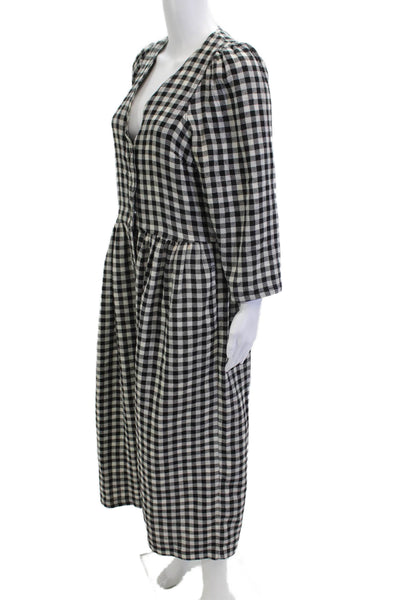 L.F.Markey Womens Black Check Shirt Dress V Neck Button Long Sleeve Midi Size 6