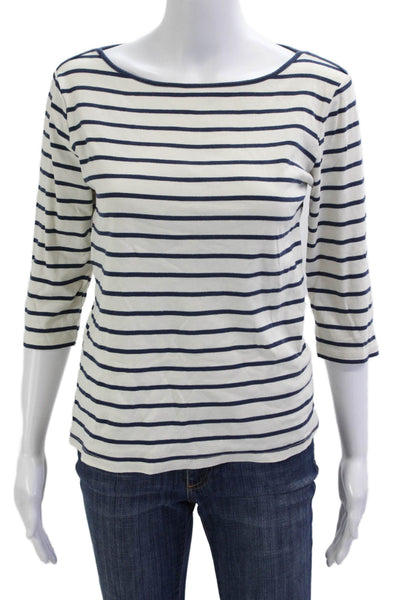 Zara Women Striped White Organic Cotton Round Neck 3/4 Sleeve T-Shirt Size L
