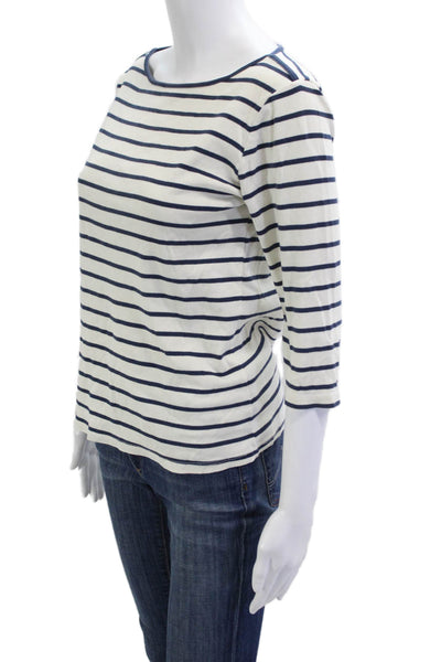 Zara Women Striped White Organic Cotton Round Neck 3/4 Sleeve T-Shirt Size L