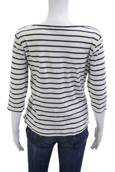 Zara Women Striped White Organic Cotton Round Neck 3/4 Sleeve T-Shirt Size L