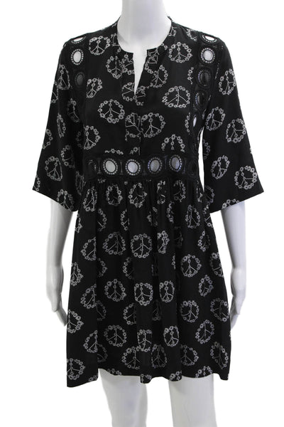 Sandro Women A-Line Shirt Dress Black Silk 3/4 Sleeve Graphic Print Size 1