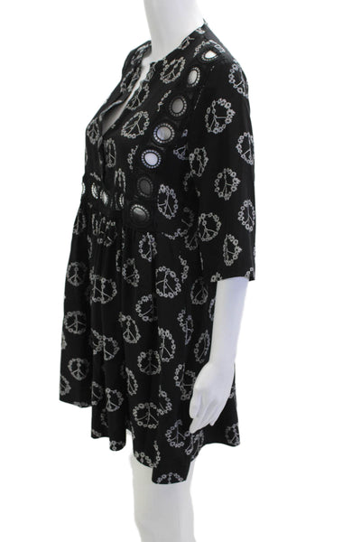 Sandro Women A-Line Shirt Dress Black Silk 3/4 Sleeve Graphic Print Size 1