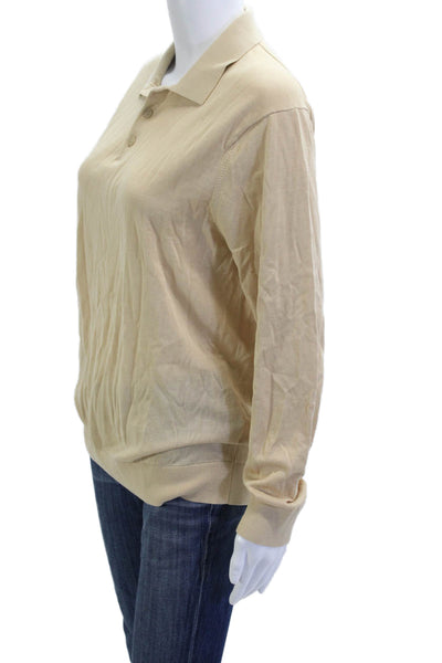 Zara Women Collared Pullover Sweater Beige Cotton Long Sleeve Button Size M