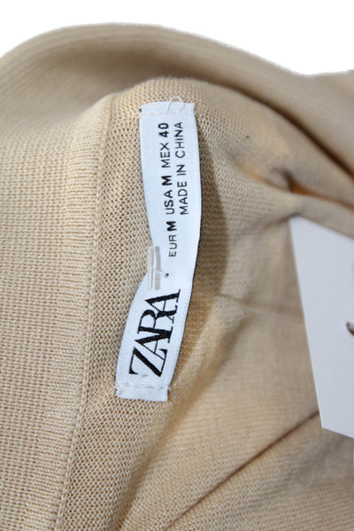 Zara Women Collared Pullover Sweater Beige Cotton Long Sleeve Button Size M